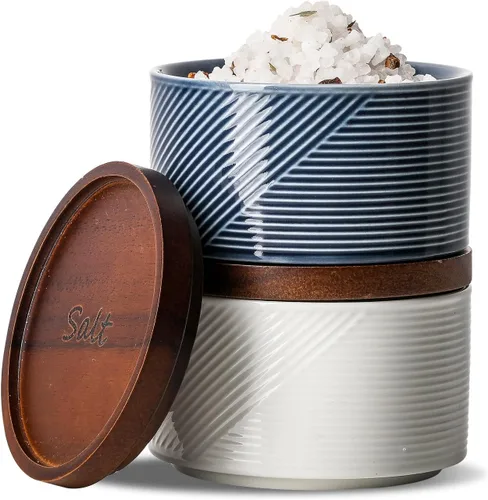 Vista 8 de Recipientes de sal y pimienta: recipiente de especias apilable de cerámica de 10 oz con tapa de madera - recipientes de almacenamiento de gris &