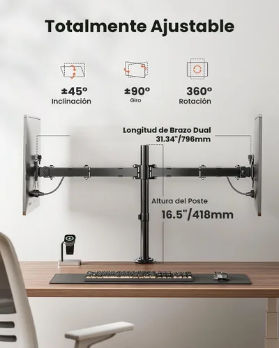 Vista 5 de ErGear - Soporte para dos monitores, resistente y ajustable, montaje de escritorio para monitores de hasta 32 pulgadas, altura totalmente ajustable