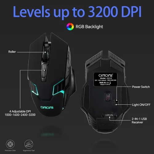 Vista 5 de CHONCHOW Combo de Teclado y Ratón Inalámbrico - 2.4G Recargable USB Arcoíris LED Retroiluminado Teclado Inalámbrico para Juegos, Teclas Multimedia