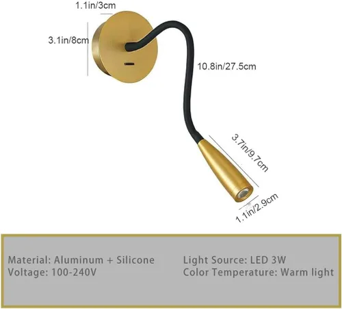 Vista 2 de Manguera de cuello de cisne flexible LED para pared, luz de lectura enfocada para dormitorio, lámpara de pared ajustable para cabecero de noche
