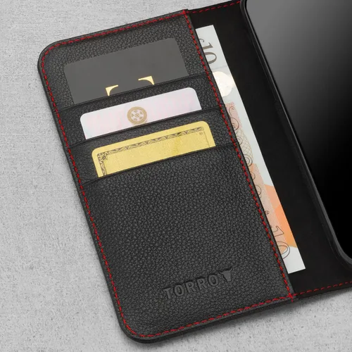 Vista 5 de TORRO Funda de cuero compatible con iPhone 11 – Funda de piel auténtica con tarjetero y función atril (negro)