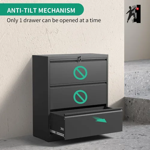 Vista 5 de IKIMI Archivadores laterales de 3 cajones con cerradura, archivador lateral de metal para oficina en casa, gabinete de almacenamiento de acero ancho