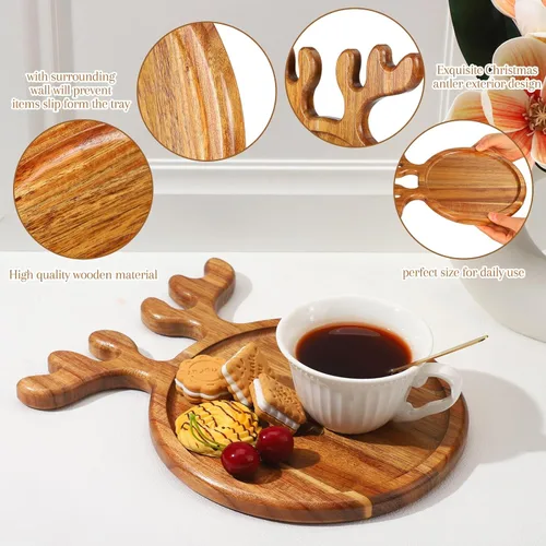 Vista 4 de Tioncy 2 platos de madera de Navidad de 10.6 x 8.1 pulgadas, cornamenta de renos de Navidad, charcutería, bandeja redonda de madera para aperitivos