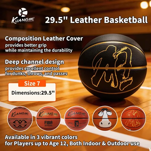 Vista 2 de Kuangmi Balón de baloncesto de la serie auténtica, hecho para pelotas de juego en interiores y exteriores, tamaño oficial 7/6/5, 29.5 pulgadas, 28.5