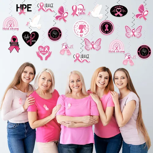 Vista 5 de 60 piezas de remolinos de fiesta de concientización sobre el cáncer de mama, cinta rosa, remolinos colgantes, esperanza, fuerza, coraje, fe, negro