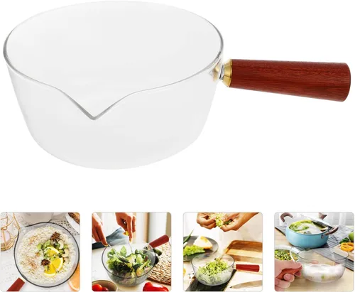 Vista 6 de BESTonZON Cacerola de leche de vidrio calentador de mantequilla olla de fusión de dulces olla de cocción con mango de madera transparente
