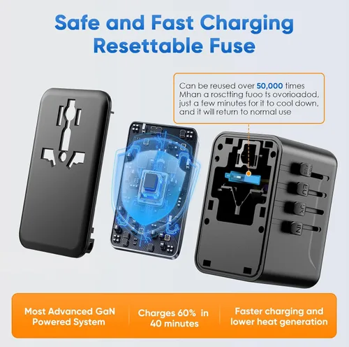 Vista 3 de Adaptador de viaje universal - Adaptador de corriente internacional de 35 W con fusible de reinicio automático, adaptador de enchufe USB-C PD