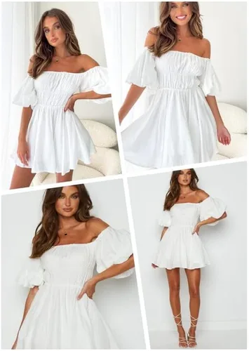 Vista 5 de Dokotoo Vestidos de verano para mujer, con hombros descubiertos, manga corta farol, con volantes, cintura elástica, acampanado, minivestido casual