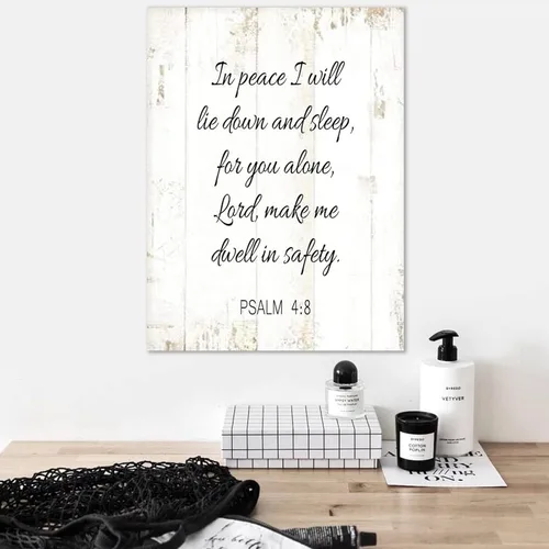 Vista 4 de Letrero de madera rústica moderno para colgar en la pared, decoración del hogar, versículo de la Biblia en paz con texto en inglés "I Will Lie Down