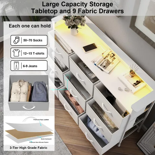 Vista 5 de EXOTICA Cómoda blanca con luz LED para dormitorio, 9 cajones con estación de carga, cómoda para entrada, armario, sala de estar, pasillo, marco