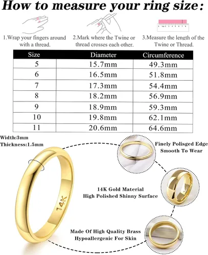 Vista 6 de FUNEIA Anillo de oro de 14 quilates para mujeres y hombres, 0.079 in, 0.118 in, 0.157 in, 0.197 in, 0.236 in, 0.315 in, 0.394 in, anillos de boda