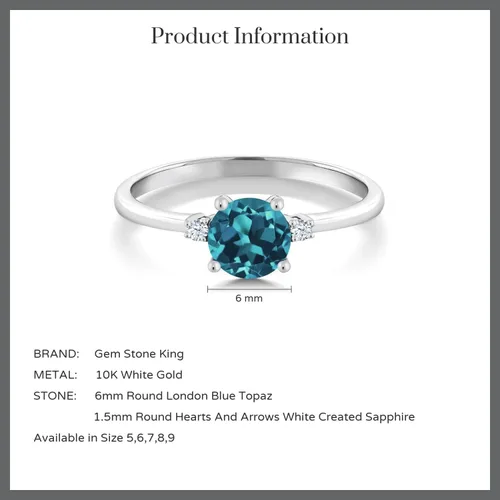 Vista 7 de Gem Stone King Anillo de compromiso de oro blanco de 10 quilates con topacio azul Londres y zafiro blanco creado para mujer 078 quilates redondo