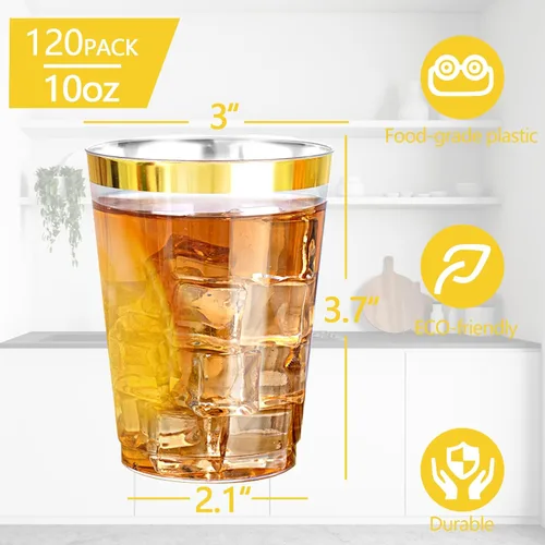 Vista 2 de Ciaell 120 vasos de plástico dorados, vasos de plástico transparente resistentes de 10 onzas con borde dorado, vasos desechables con borde dorado