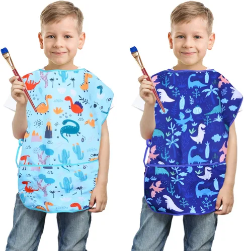 Vista 2 de Fiodrimy Delantales de pintura para niños, delantales de pintura impermeables para niños, sin mangas, con bolsillos para edades de 2 a 7 años