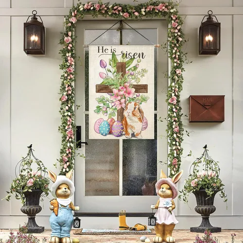 Vista 5 de Bandera de Pascua para exteriores, cruz religiosa con huevos de conejo, flores, banderas de patio para exteriores, bandera decorativa de primavera