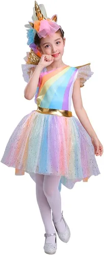 Vista 7 de Girls Princess Dress up Costume Kid Cosplay Party Dress, Rainbow Unicorn Dress Up Costume for Halloween