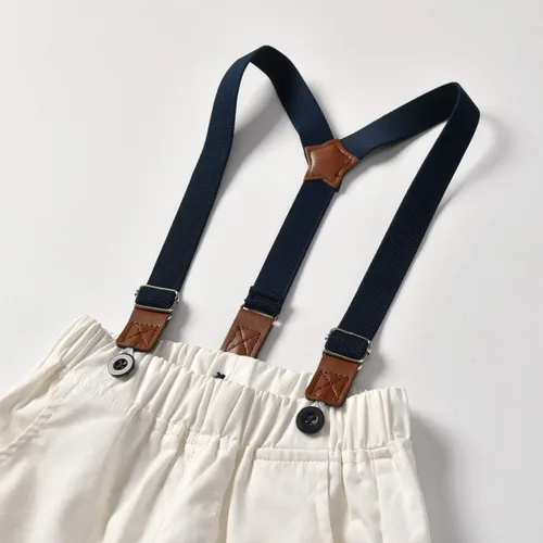 Vista 6 de Conjunto de traje de caballero para niños pequeños, camisa de manga corta + tirante + pantalones cortos + pajarita, 4 piezas para niños pequeños