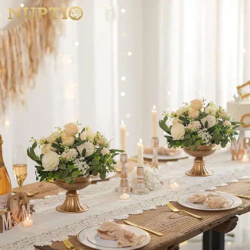 Vista 2 de NUPTIO Jarrones de oro envejecido para centros de mesa: 2 piezas de jarrones pequeños de compota para flores - Decoración de cuenco de pedestal