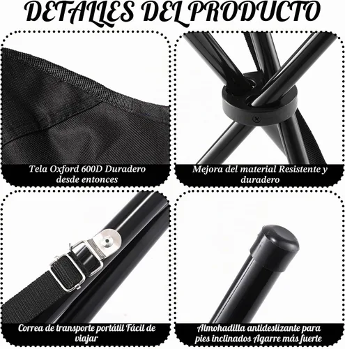 Vista 3 de Taburete plegable portátil para acampar, asiento de trípode para viajes al aire libre, sillas de camping plegables negras para camping, fiesta Negro