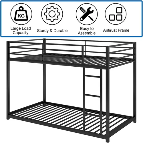 Vista 8 de Litera de metal bajo para niños, con escalera incorporada, barandilla alta y listones de metal, litera inferior de cama de suelo, no requiere Negro