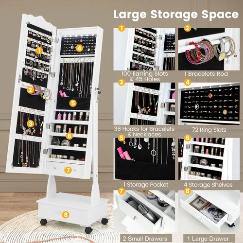 Vista 4 de CHARMAID Armario de joyería con espejo de longitud completa, Armario de joyería de pie con cerradura de 62 pulgadas con ruedas, cajones inferiores