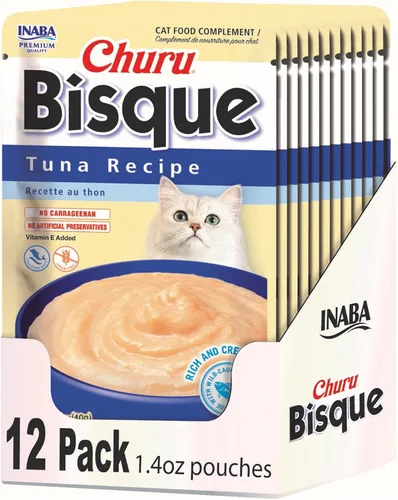 Vista 10 de INABA Churu Bisque para gatos mayores de 10 años, Puré cremoso en sobre, 1.4 onzas por sobre, 12 sobres en total, Receta de atún con salmón