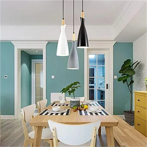 Vista 2 de Modern Wood Pendant Light Metal Shade Hanging Chandelier Adjustable Stylish Ceiling Fixture with E27 Socket for Kitchen Island Dining Room Bedside
