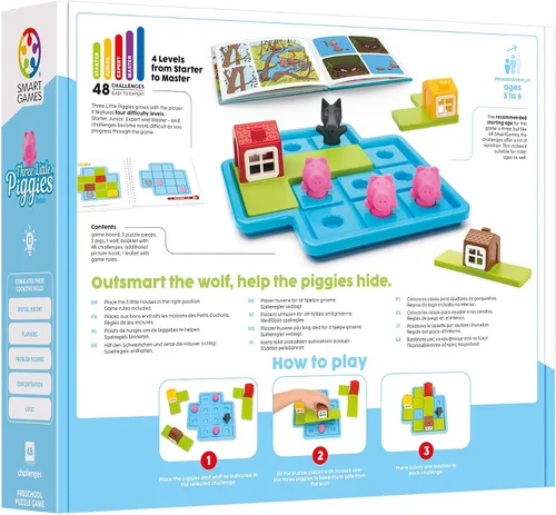 Vista 3 de SmartGames Three Little Piggies – Juego de rompecabezas lógico para preescolar con 48 desafíos y libro de cuentos – Rompecabezas educativo de cuento