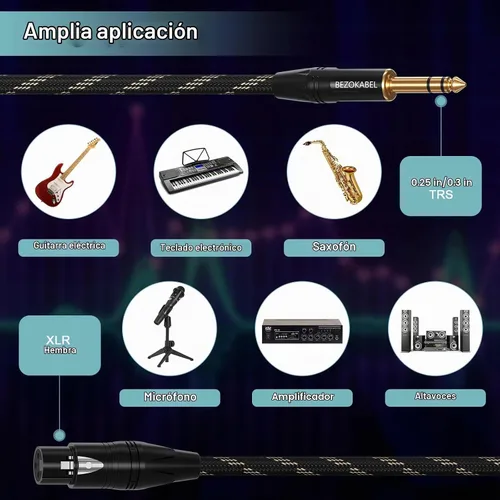 Vista 2 de Adaptador XLR equilibrado hembra a TRS de 1/4 pulgada (6.35mm), cable de micrófono de 6 pies