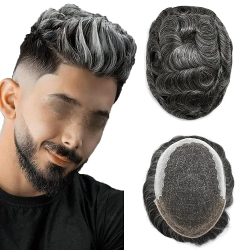 Vista 29 de Mens Toupee Human Hair Replacement System Swiss Lace Toupee For Men Hair Piece Protesis Capilar Mens Hairpiece 5X7#1 Jet Black 120% Density