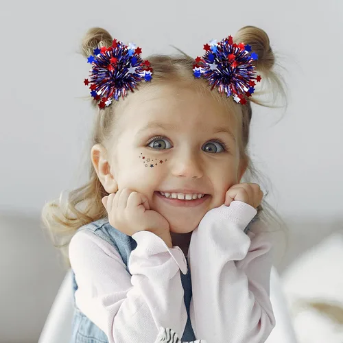 Vista 3 de Pinzas patrióticas para el 4 de julio para niñas y mujeres, con lazo metálico para animadora, con purpurina, rojo, blanco y azul, accesorios