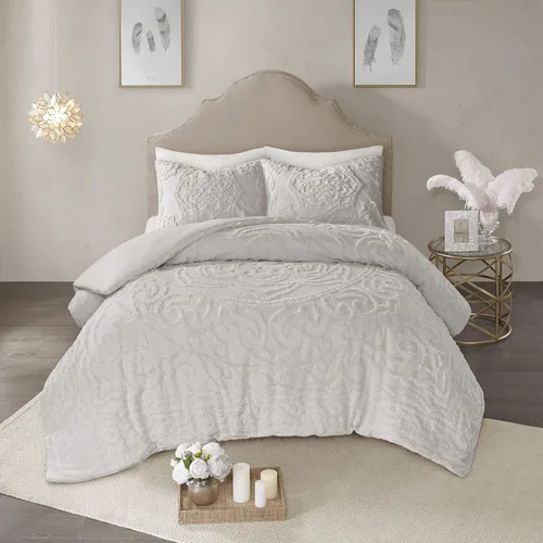 Vista 2 de Madison Park Laetitia - Juego de edredón 100 % algodón, diseño de medallón copetudo de felpilla para todas las estaciones, ropa de cama acogedora