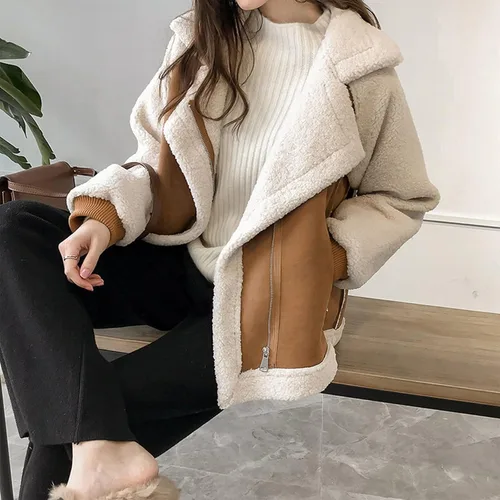 Vista 3 de Abrigo de peluche para mujer, casual, cómodo, corto, de lana de cordero, abrigo de piel sintética