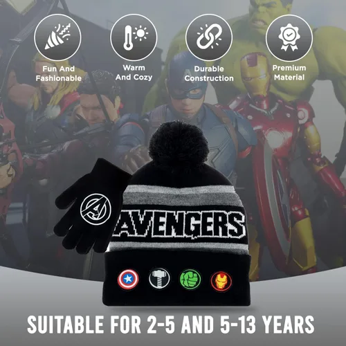 Vista 3 de Marvel Avengers - Juego de sombreros de invierno y guantes de nieve para niños y niños pequeños con lindos guantes y gorro suave, pompones esponjosos