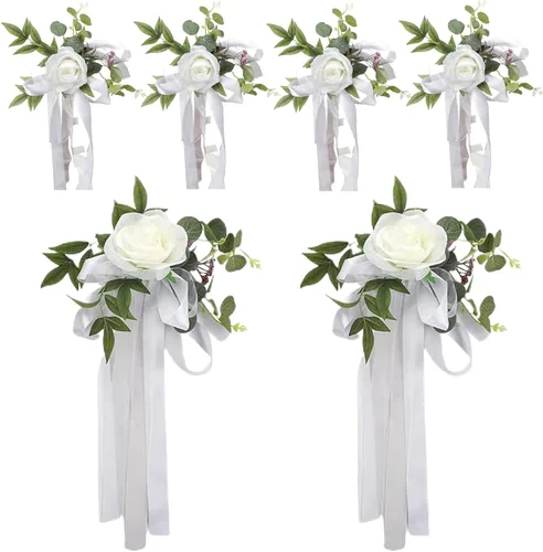 Vista 2 de Decoraciones de pasillo para ceremonia de boda, 6 piezas de rosas artificiales para decoración de pasillo de boda con cintas, decoración floral