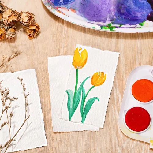 Vista 5 de Prudiut 25 hojas de papel de acuarela de algodón con borde deckled de 300 GSM, 2 x 3.5 pulgadas, blanco, texturizado, ideal para pintura