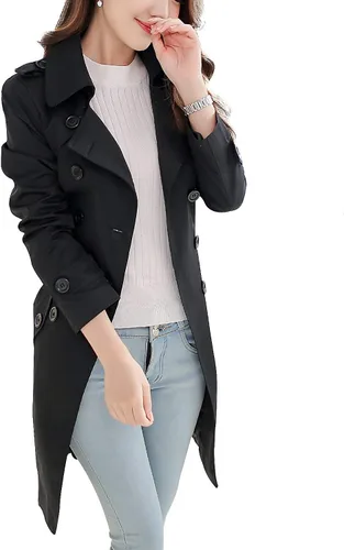 Vista 9 de NANJUN Gabardina de doble botonadura para mujer, abrigo clásico con solapa, ropa de abrigo delgada impermeable con hebilla de cinturón A-caqui
