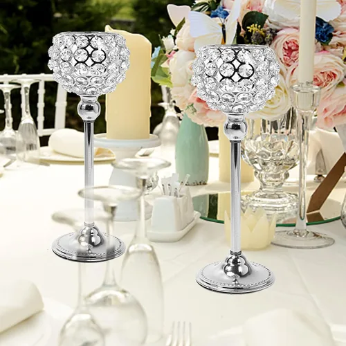 Vista 5 de Juego de 2 candelabros de cristal plateado para mesa de comedor, centro de mesa, decoración de mesa para comedor, sala de estar, café, mesa de Plata