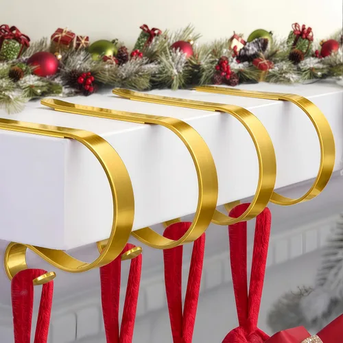 Vista 7 de Juego de 4 soportes de calcetines de Navidad para manto, soportes de calcetines de Navidad sin arañazos para chimenea de chimenea, ganchos multiusos