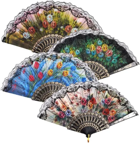 Vista 9 de HUNANBANG 4 abanicos de mano plegables de bambú oriental, solo para adultos, regalo de boda, recuerdos de fiesta, decoración de bricolaje