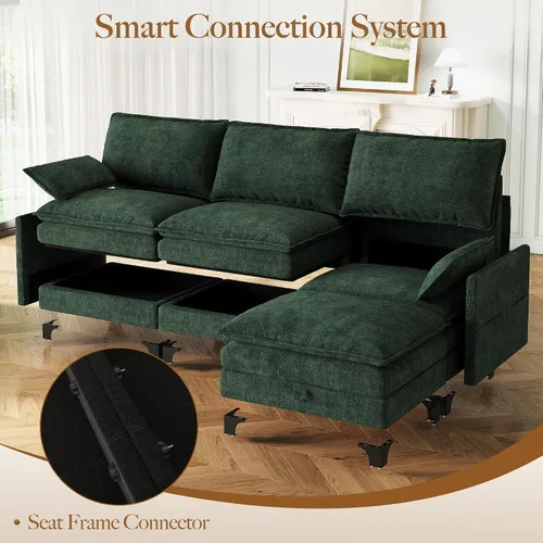 Vista 7 de Sofá modular moderno en forma de L de 106 pulgadas, sofá nube de felpilla con otomana de almacenamiento, sofás de asiento profundo con bolsillo Verde