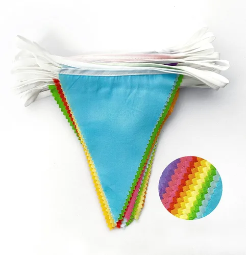 Vista 8 de Kit de decoración de fiesta de arcoíris de 32 pies de tela colorida triangular, banderines de banderines de algodón para cumpleaños, boda, baby