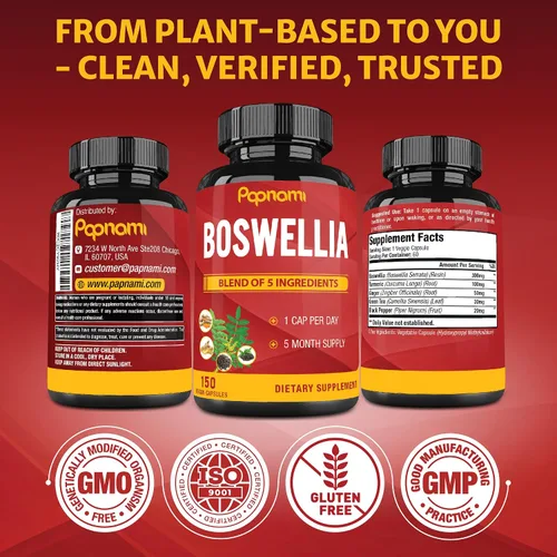 Vista 6 de Boswellia Serrata - Cápsulas de extracto con cúrcuma, jengibre, pimienta, té verde 5 meses de suministro 150 cápsulas