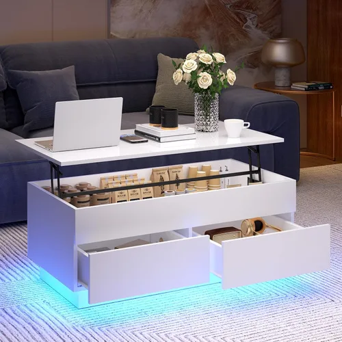Vista 11 de HOMMPA Morden - Mesa de centro LED de 40 pulgadas con tapa elevable, color negro brillante, con almacenamiento oculto, sala de estar, mesa de té