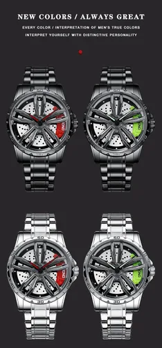Vista 6 de Gosasa Men Racing Watches rotatable Car Rim Wheel hub Design Sports Watches Stainless Steel Retro Waterproof Watch