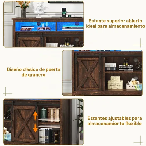 Vista 3 de Soporte de TV LED Estilo Casa de Campo para TVs de 65 pulgadas, Centro de Entretenimiento Rústico Soportes de Gabinete de TV con Tomas de Corriente