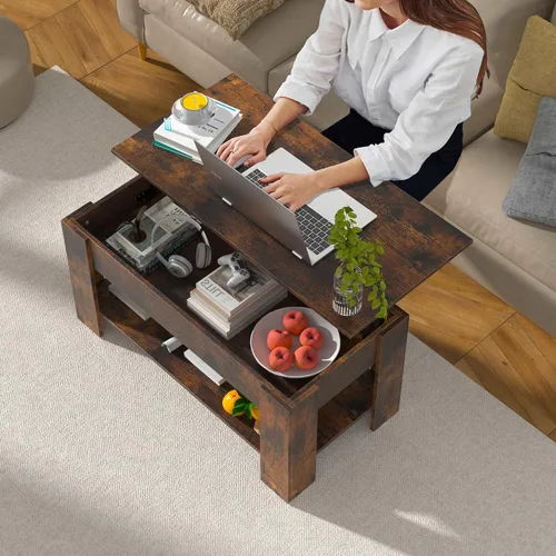 Vista 3 de Mesa auxiliar de madera rústica con almacenamiento, mesa consola con escritorio oculto para sala de estar Marrón