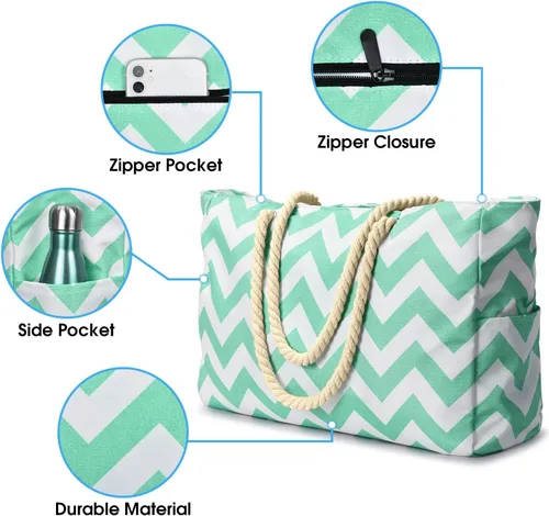 Vista 3 de Bolsas de playa para mujer, bolsa de playa grande impermeable con cremallera, bolsas de playa, impermeables, a prueba de arena, bolsa grande
