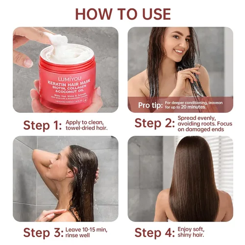 Vista 4 de Mascarilla capilar para cabello dañado, seco, encrespado, rizado, acondicionador de tratamiento de queratina, mascarilla capilar con aceites de coco