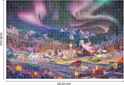 Vista 2 de Lavievert Rompecabezas de 1000 piezas para adultos – Noche nevada, aurora, árbol de Navidad, muñeco de nieve, trineo, escultura de hielo y ciervo